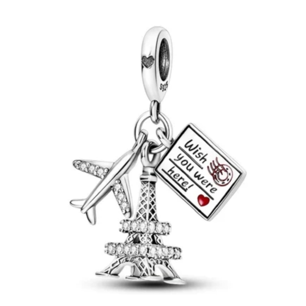 NWOT Paris Eiffel Tower Plane and Ticket Dangle Charm Sterling Silver 925